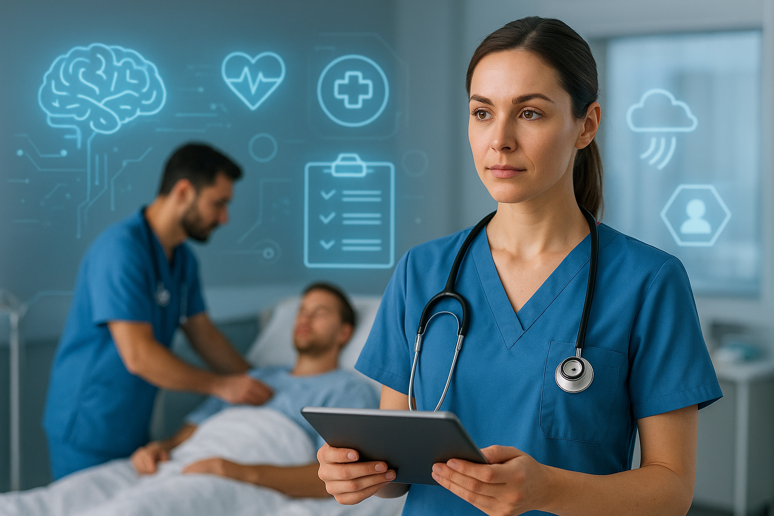 Pielęgniarka w nowoczesnym szpitalu trzyma tablet i analizuje dane medyczne, a w tle pielęgniarz opiekuje się pacjentem leżącym w łóżku. Wokół widoczne są holograficzne ikony symbolizujące sztuczną inteligencję i e-zdrowie.